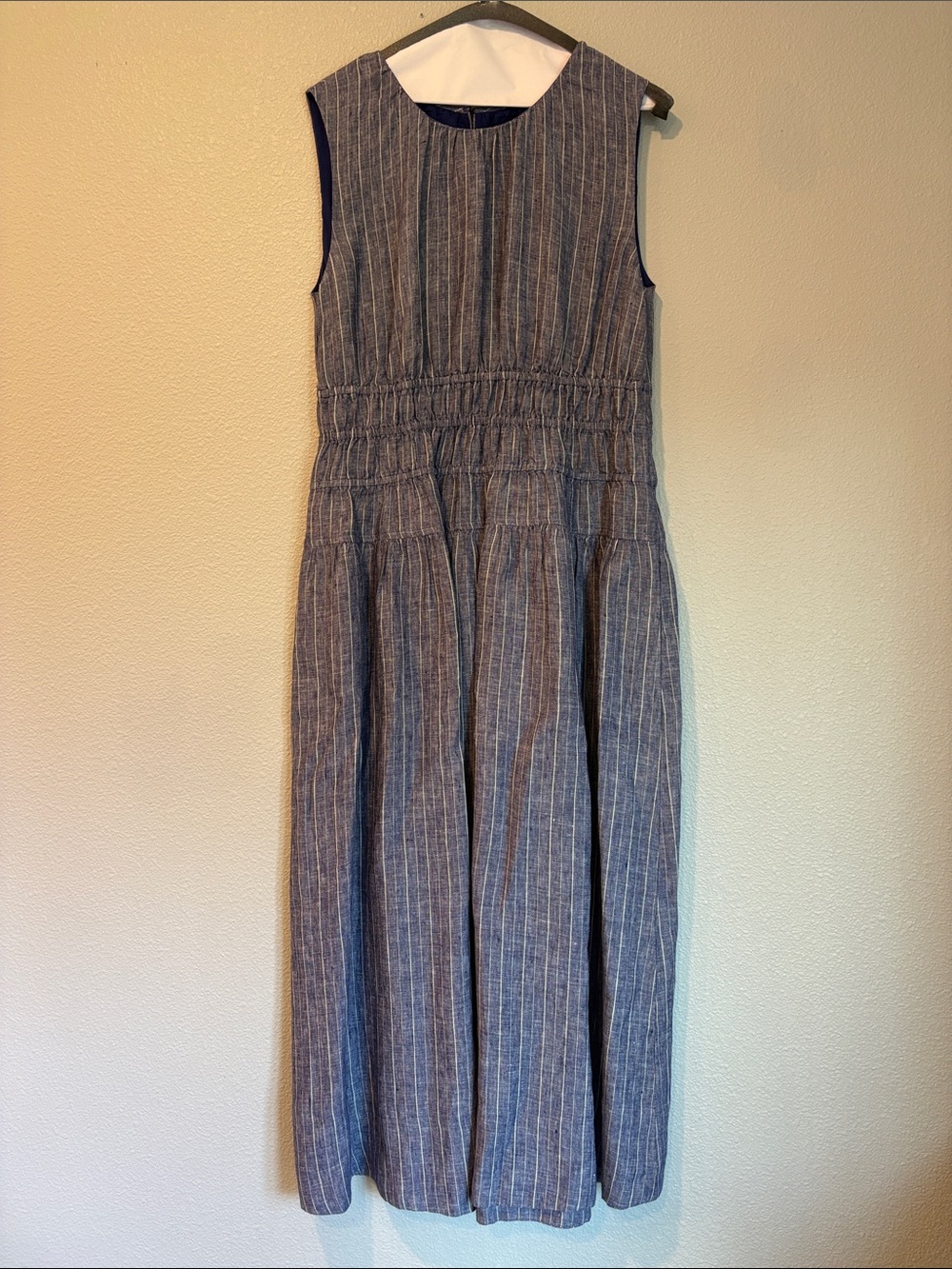 J. Crew Blue and White Pinstripe Sleeveless Smocked Waist Dress